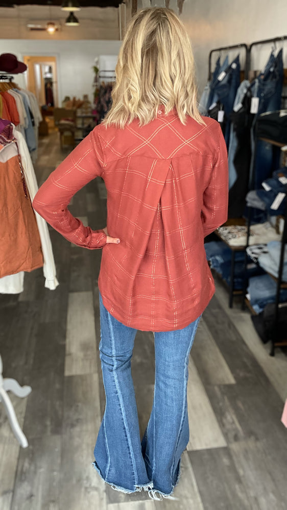 Light Weight Shimmery Plaid Button Up Top