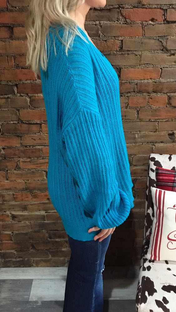 Turquoise Ribbed Open Knit Sweater