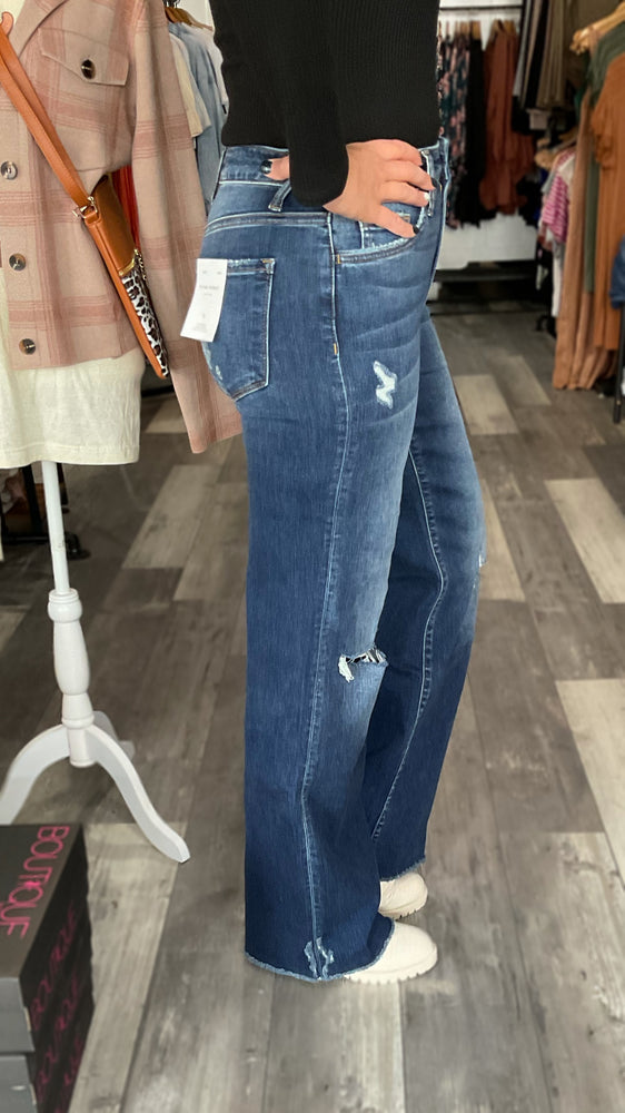 Dark Wash Wide Leg Distressed Knee Jean by Flying Monkey