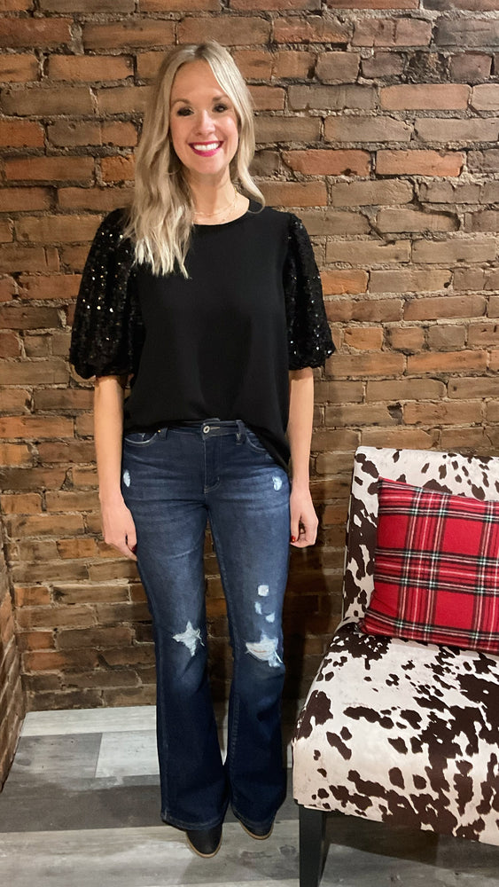 Black Sparkle Puff Short Sleeve Top
