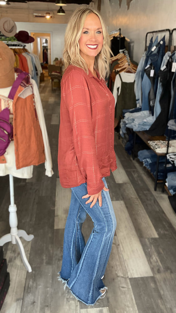 Light Weight Shimmery Plaid Button Up Top