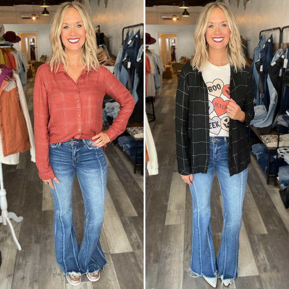 Light Weight Shimmery Plaid Button Up Top