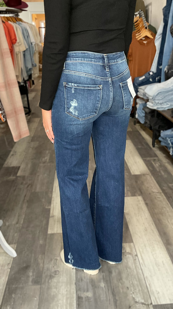 Dark Wash Wide Leg Distressed Knee Jean by Flying Monkey