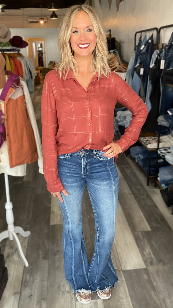 Light Weight Shimmery Plaid Button Up Top