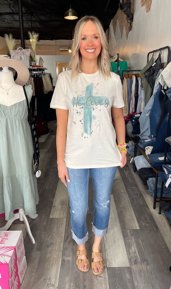 Cream Bedazzled He Lives Tee